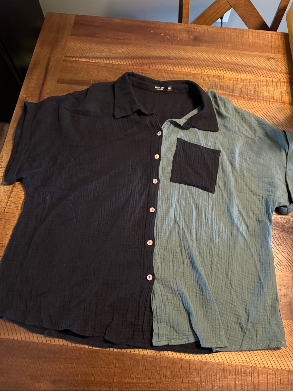 SHEIN Two-Tone Short Sleeve Button Down Shirt - Black & Sage
